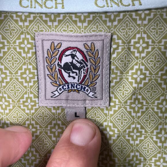 Cinch Button Down Western Shirt Men's Large Green Geometric Allover Cowboy - Picture 5 of 10